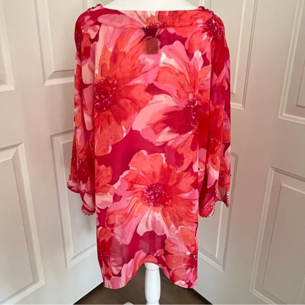 Maggie Barnes 1X Floral Sheer Pink V Neck Beaded Top Fairy Whimsical Tunic‎ Work - Picture 4 of 12